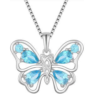 JIWOY Butterfly Necklace Sterling Silver Heart Aquamarine Pendant for Women